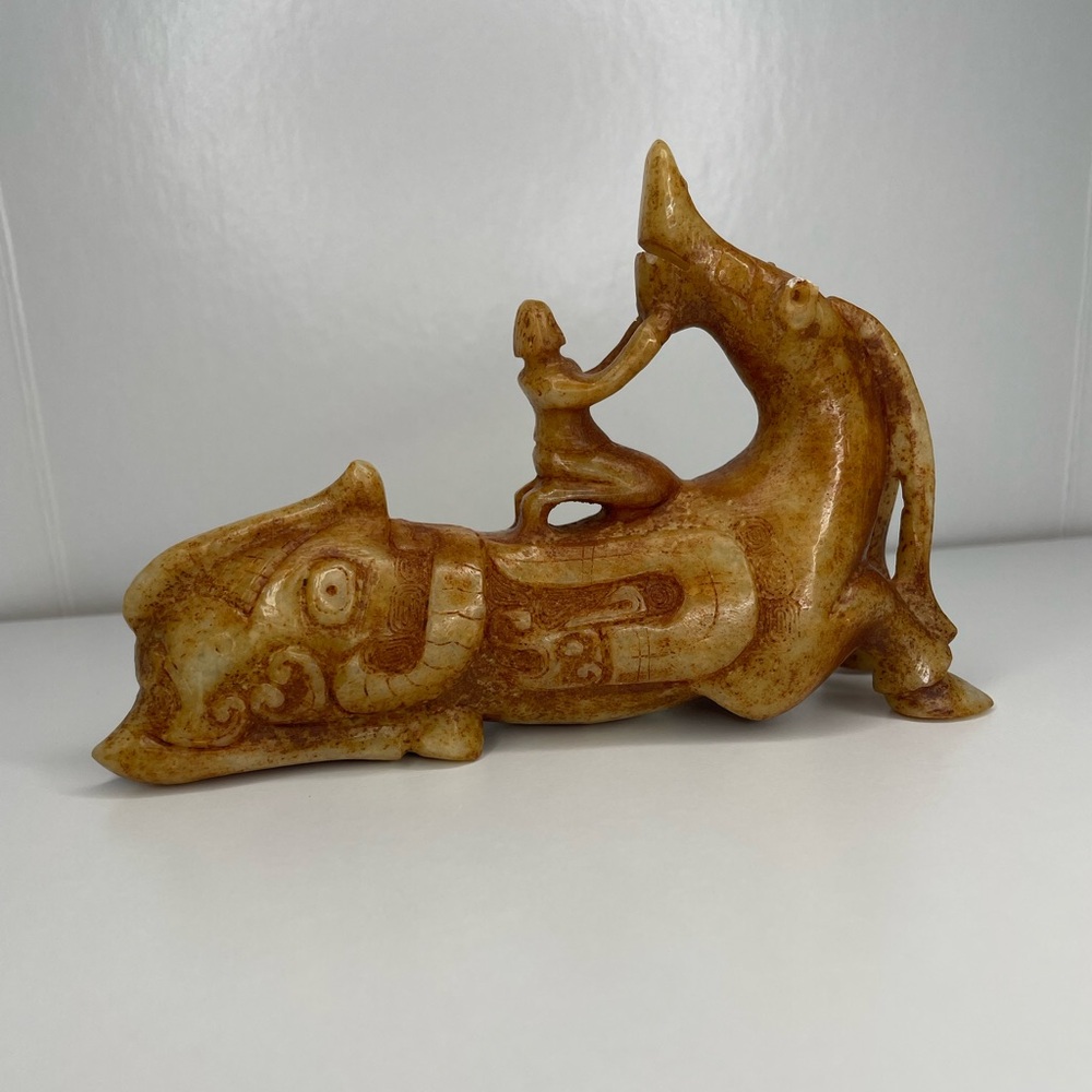 (Possible) Heitian Jade Horse Dragon with Rider Small Stone Statue